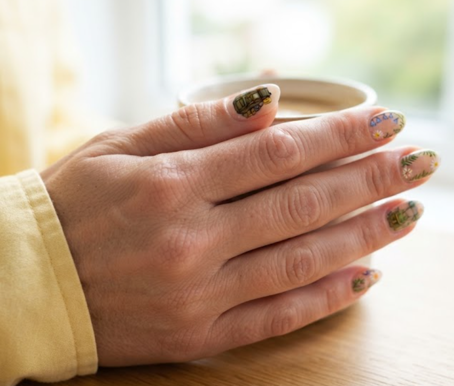 in this image real hands display a wildflower meadow border camp nail design. camp inspired nail design