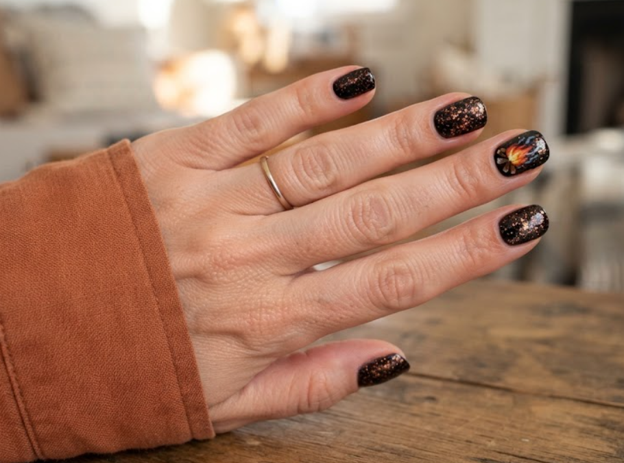 in this image real hands feature midnight campfire sparkle camp nail art. camp inspired nail design