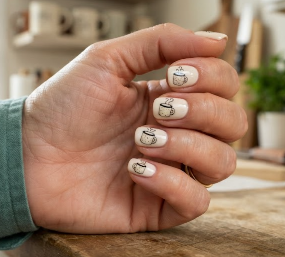 in this image real hands display a vintage enamel mug camp nail design. camp inspired nail design