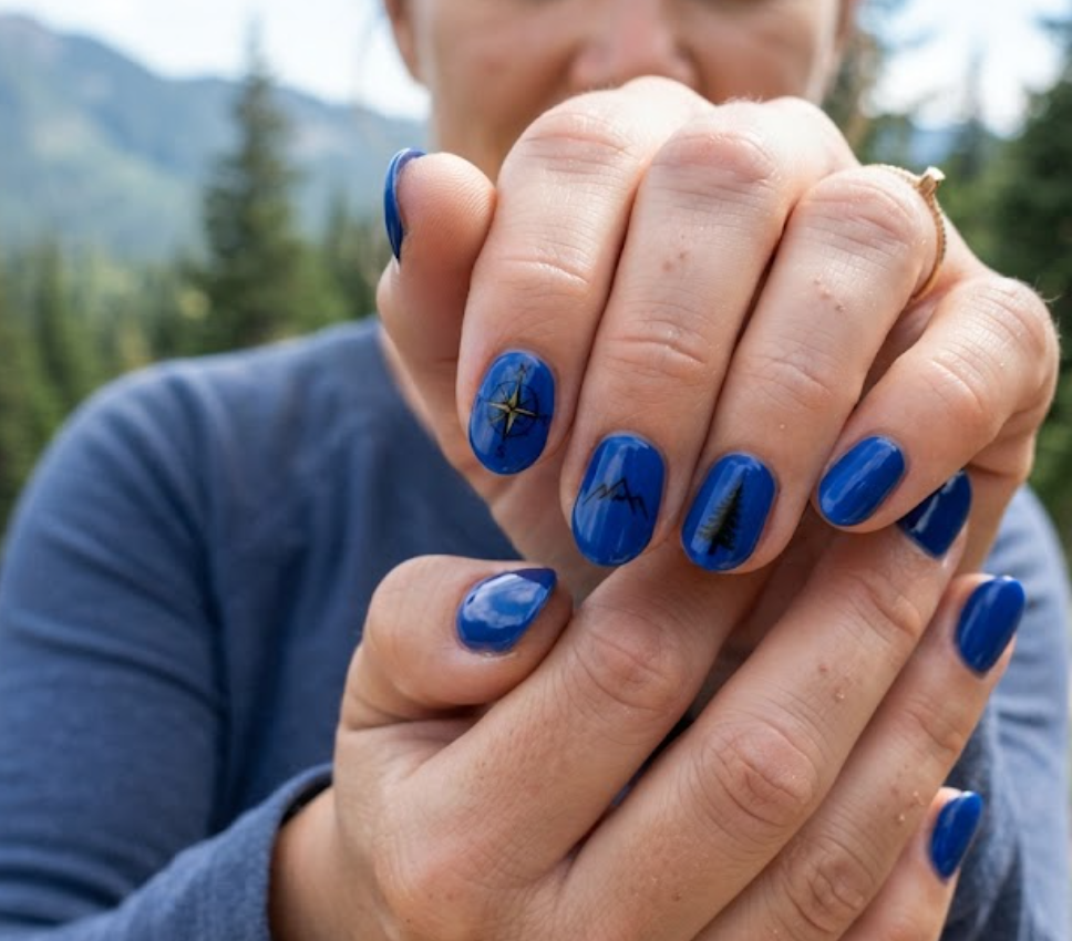 in this image real hands showcase compass and coordinates camp nail art. camp inspired nail design