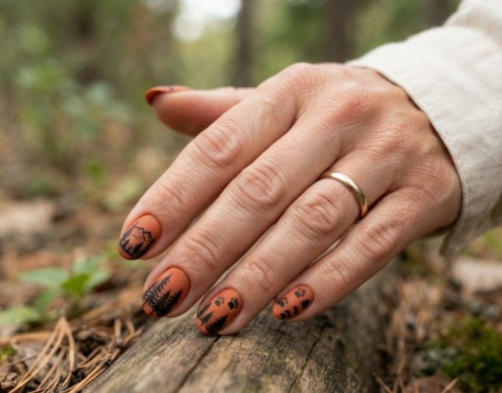 in this image real hands feature sunset silhouette bear track camp nails. camp inspired nail design