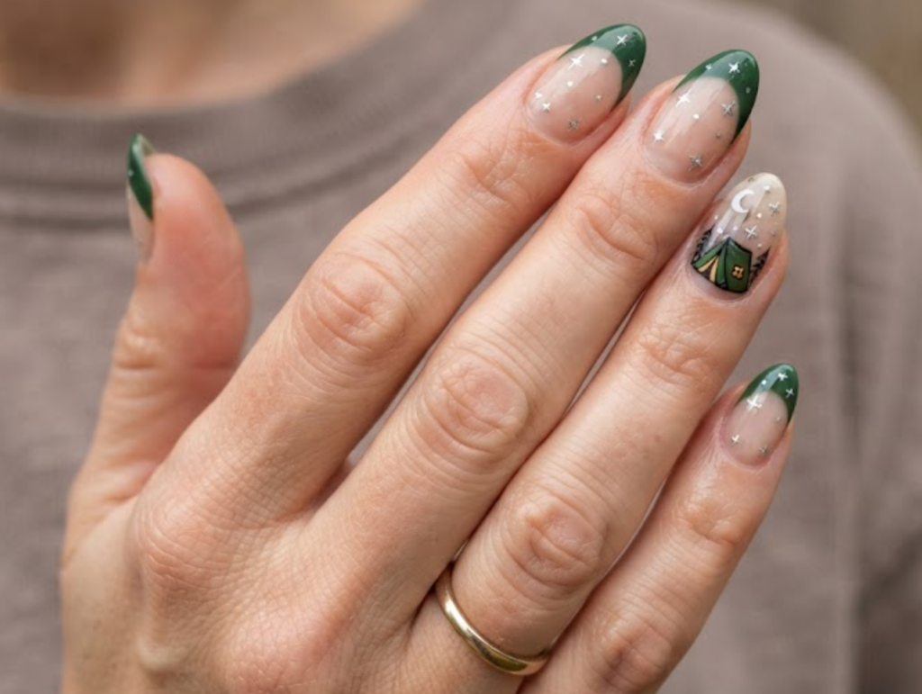 in this image real hands showcase a starlit pine forest French camp nail art. camp inspired nail design