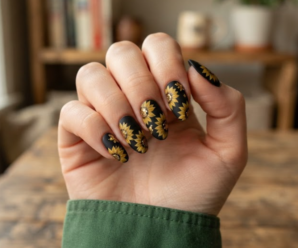 In this image, full hand nails showcase a jet-black matte base with hand-painted golden sunflowers and delicate gold foil accents.