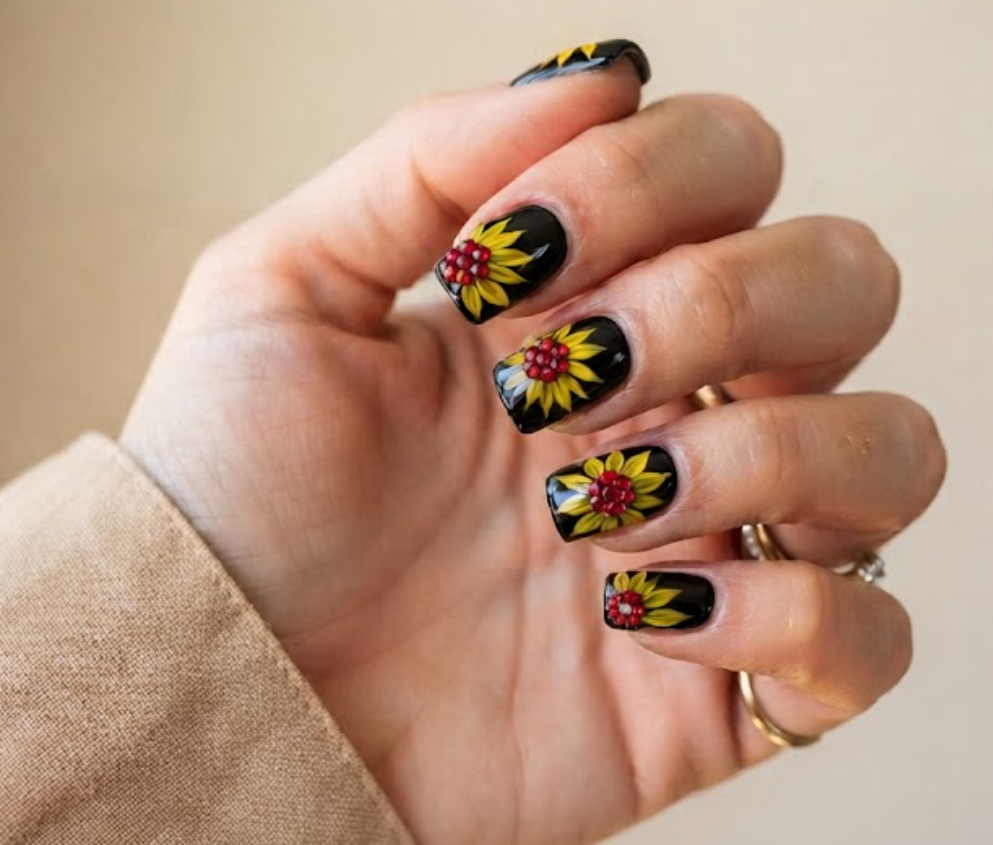 In this image, a glossy black manicure on full hand nails features bright yellow sunflower petals centered with tiny, textured black rhinestones.