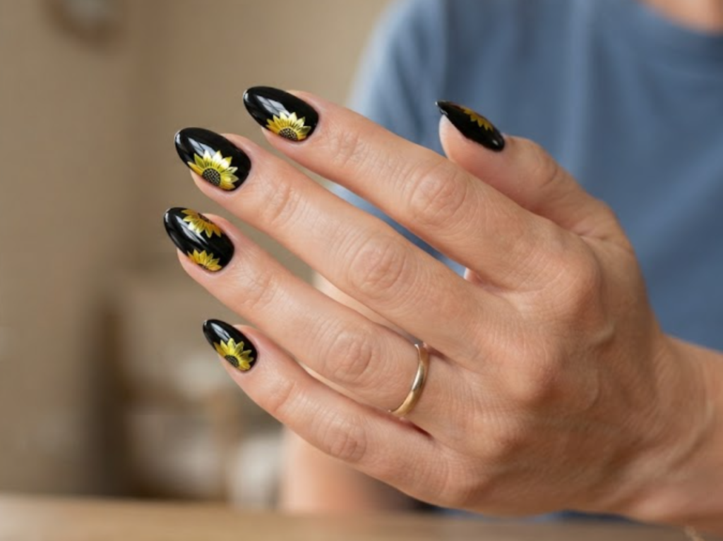 In this image, full hand nails display a mirror-finish metallic chrome yellow sunflower design gleaming against a sleek, pitch-black glossy base.