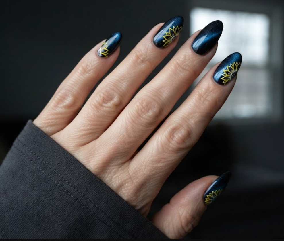 In this image, full hand nails feature a deep bronze cat-eye magnetic gel background overlaid with dark, moody black sunflower outlines.