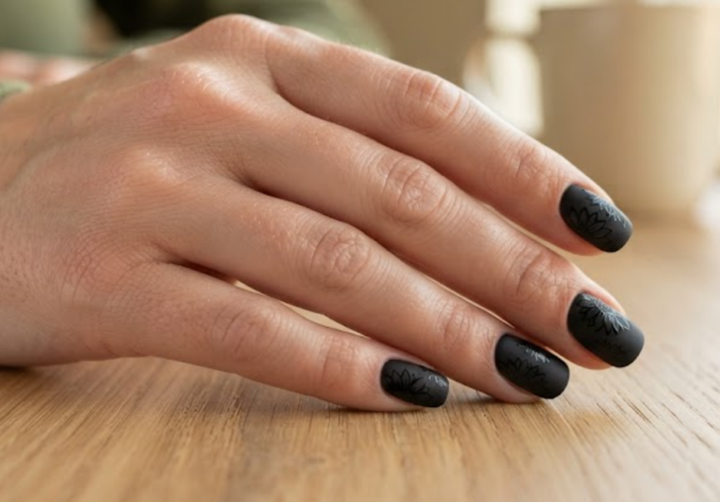 In this image, full hand nails present a stealthy aesthetic with matte black polish contrasted by subtle, tone-on-tone glossy black sunflower line art.