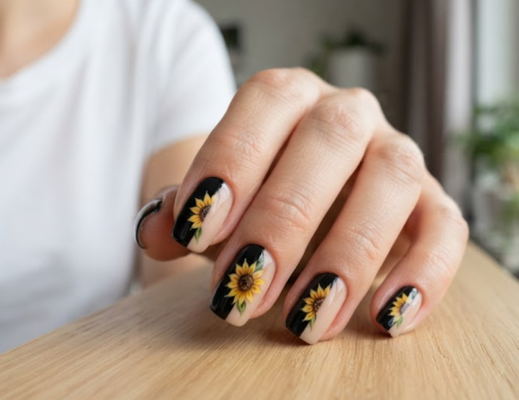 In this image, full hand nails feature a modern vertical split design, with solid black on one side and bare nude on the other, bridged by a blooming half-sunflower.