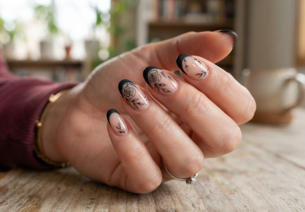 In this image, sheer nude full hand nails are accented with razor-sharp black ink botanical sunflower outlines and sleek matte black French tips.