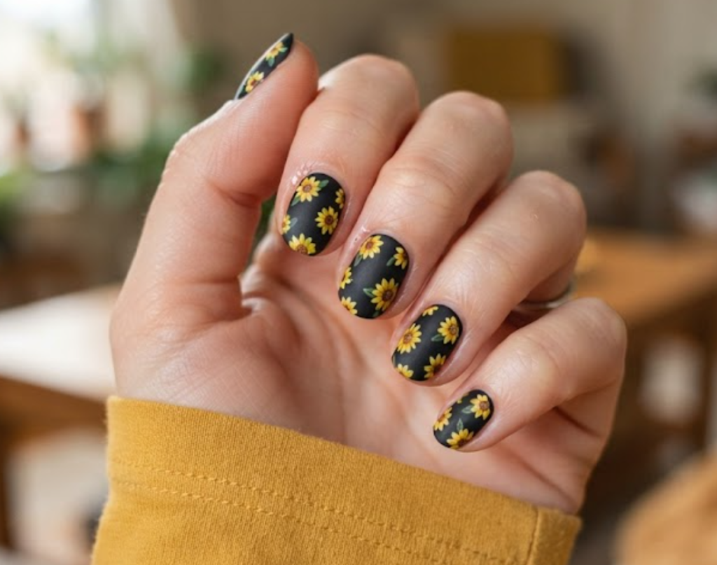 imagIn this image, tiny, scattered micro-sized yellow sunflowers dot a clean matte black canvas on full hand nails for a playful, understated look.