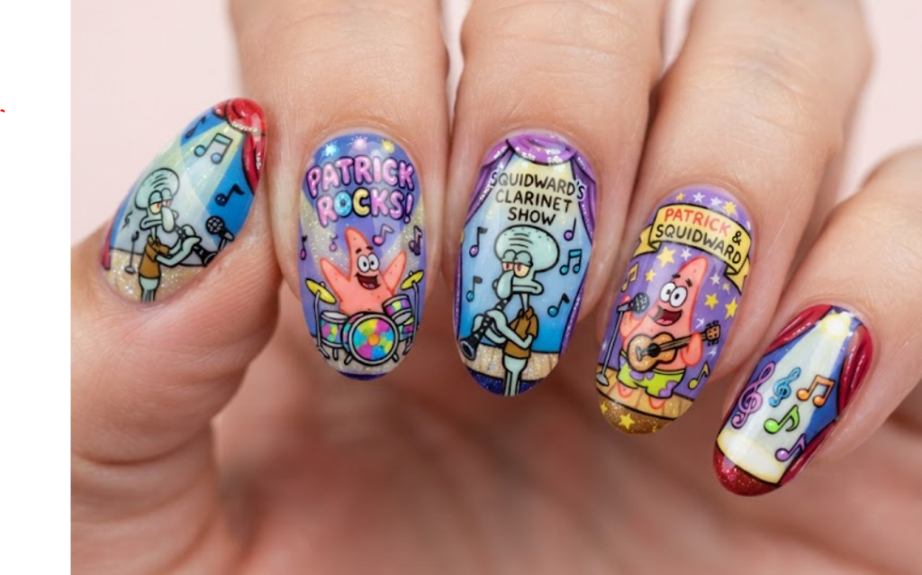 In this photo, Patrick Star and Squidward create a funny music-themed nail design with a clarinet, musical notes, and stage-inspired artwork.