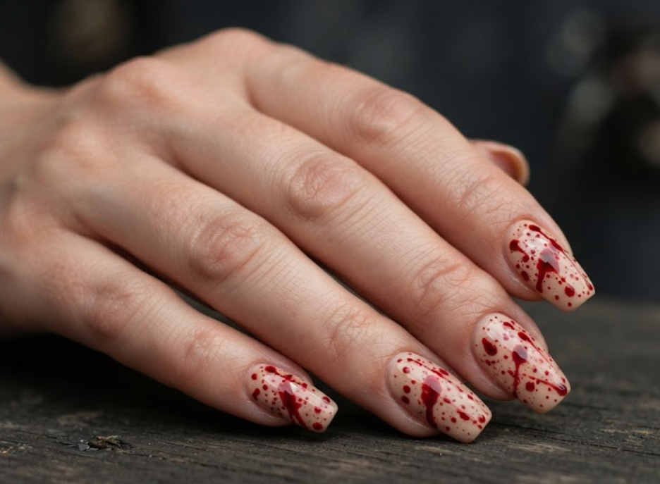 In this photo, nude nails are decorated with realistic blood splatters that create a dramatic horror-inspired look.