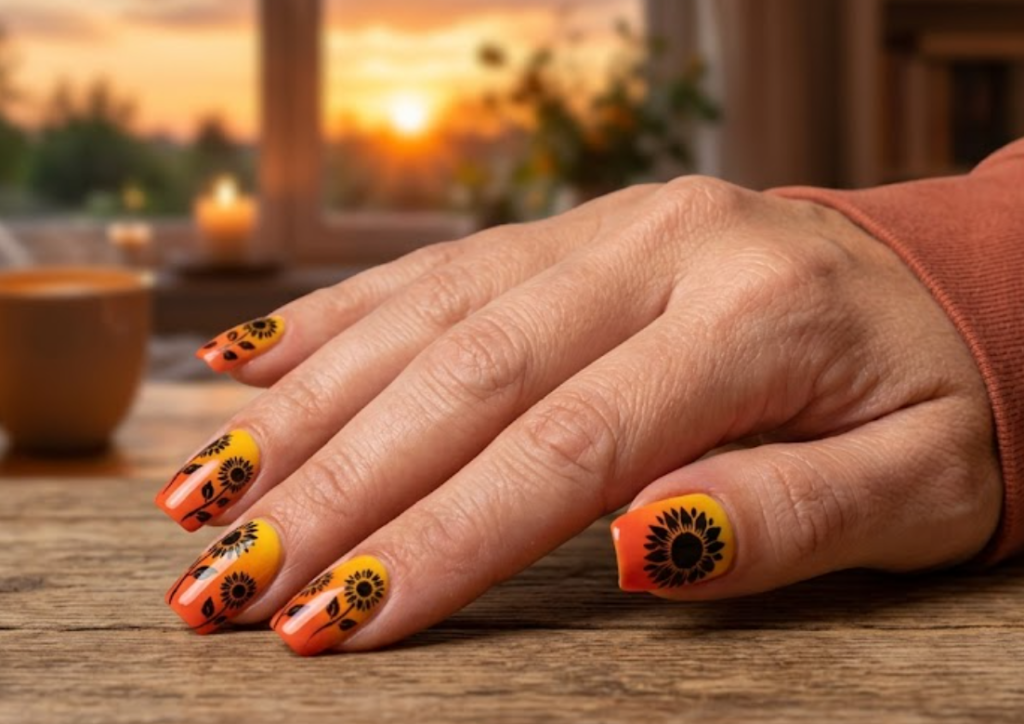 In this image, a warm sunset gradient of orange and yellow tones serves as the background for dark black silhouetted sunflowers on full hand nails.
