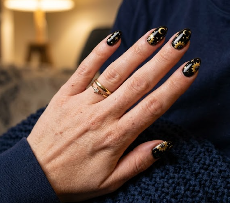 In this image, a deep midnight black base on full hand nails is combined with tiny hand-drawn gold stars, crescent moons, and sprawling corner sunflowers.