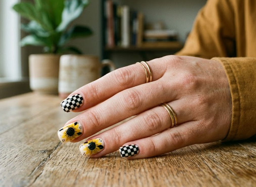 In this image, full hand nails show an edgy streetwear mix, alternating solid black sunflower nails with clean black-and-white micro-checkerboard patterns.