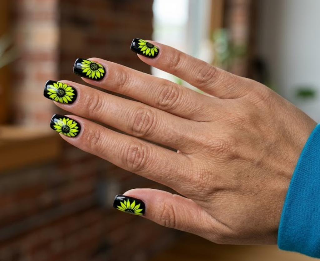 In this image, high-voltage electric neon yellow sunflowers pop violently against a jet-black background on full hand nails, framed by bold comic-style outlines.
