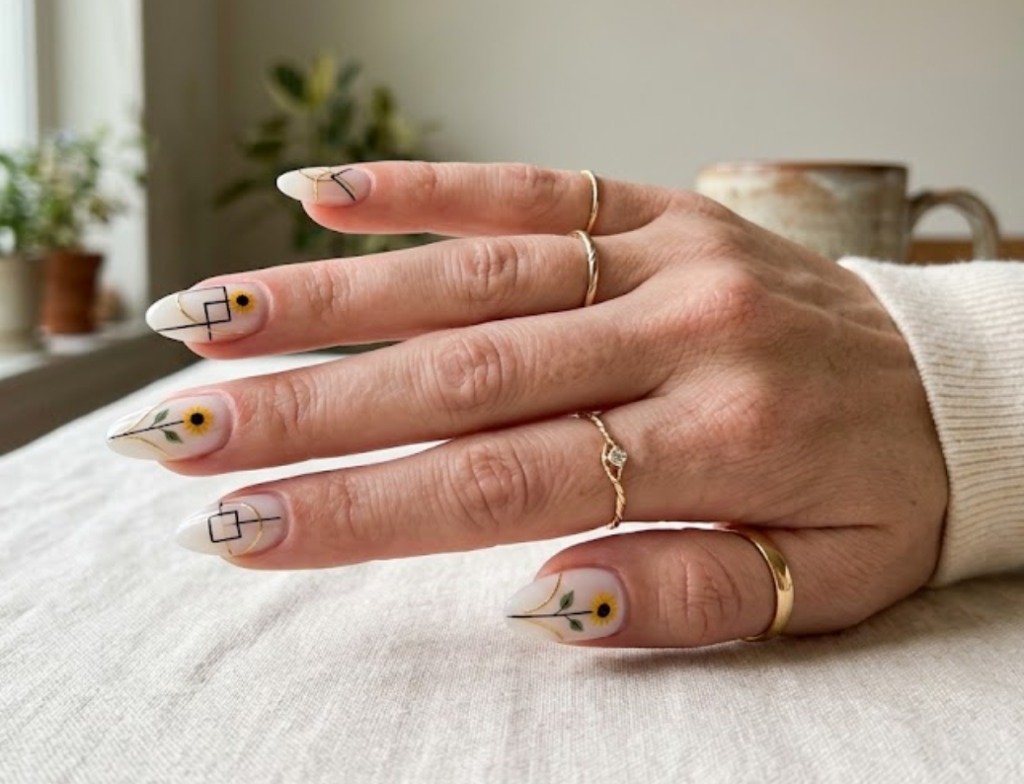 In this image, crisp architectural black geometric lines and delicate gold arches anchor minimalist yellow-black sunflower stems on a milky white base of full hand nails.