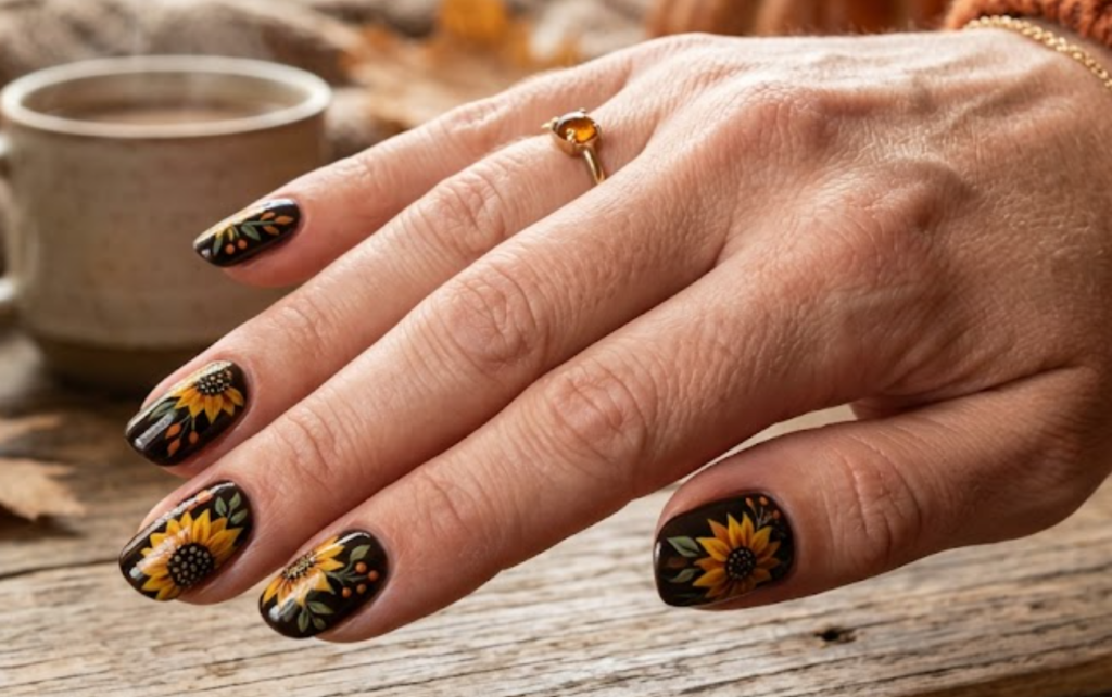 In this image, rich espresso black bases on full hand nails are perfectly paired with deep mustard yellow and burnt orange rustic sunflowers for a cozy fall aesthetic.
