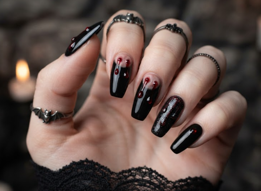In this photo, tiny vampire bite marks and blood droplets give these nails a fun Halloween-inspired twist.