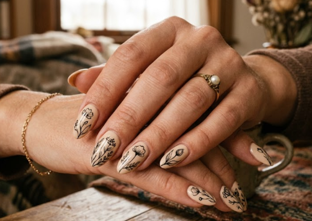 In this image, a soft, warm vintage cream and sepia base on full hand nails provides a backdrop for detailed black botanical sunflower illustrations.