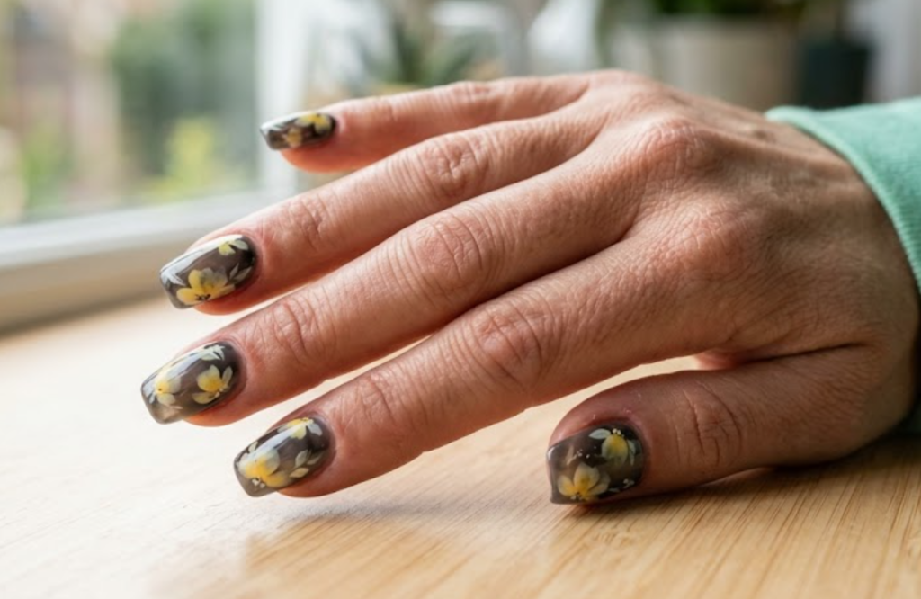 In this image, soft, dreamy watercolor-style yellow sunflowers seem to bleed behind a translucent smokey black veil on full hand nails.