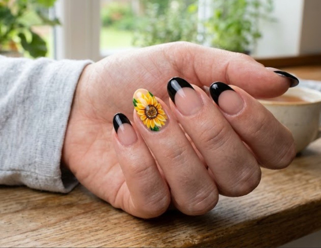 In this image, four full hand nails feature clean, glossy black French tips, while the ring finger accent nail boasts a full hand-painted sunflower design.