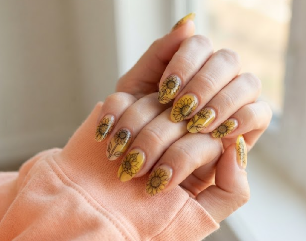 In this image, fine black ink outlines filled with translucent yellow jelly polish create a stained-glass sunflower effect on full hand nails.
