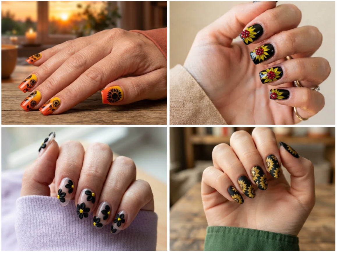 20 Bold Black Sunflower Nails: Edgy Floral Art to Try