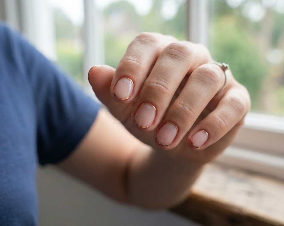 In this image, a full hand with extremely short almond nails features business nails with a bare base and a thin copper border, wearing a navy blue shirt.