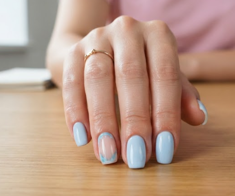 In this image, a full hand with extremely short square nails shows business nails with a sheer nude base and a pastel blue splash, wearing a pink shirt.