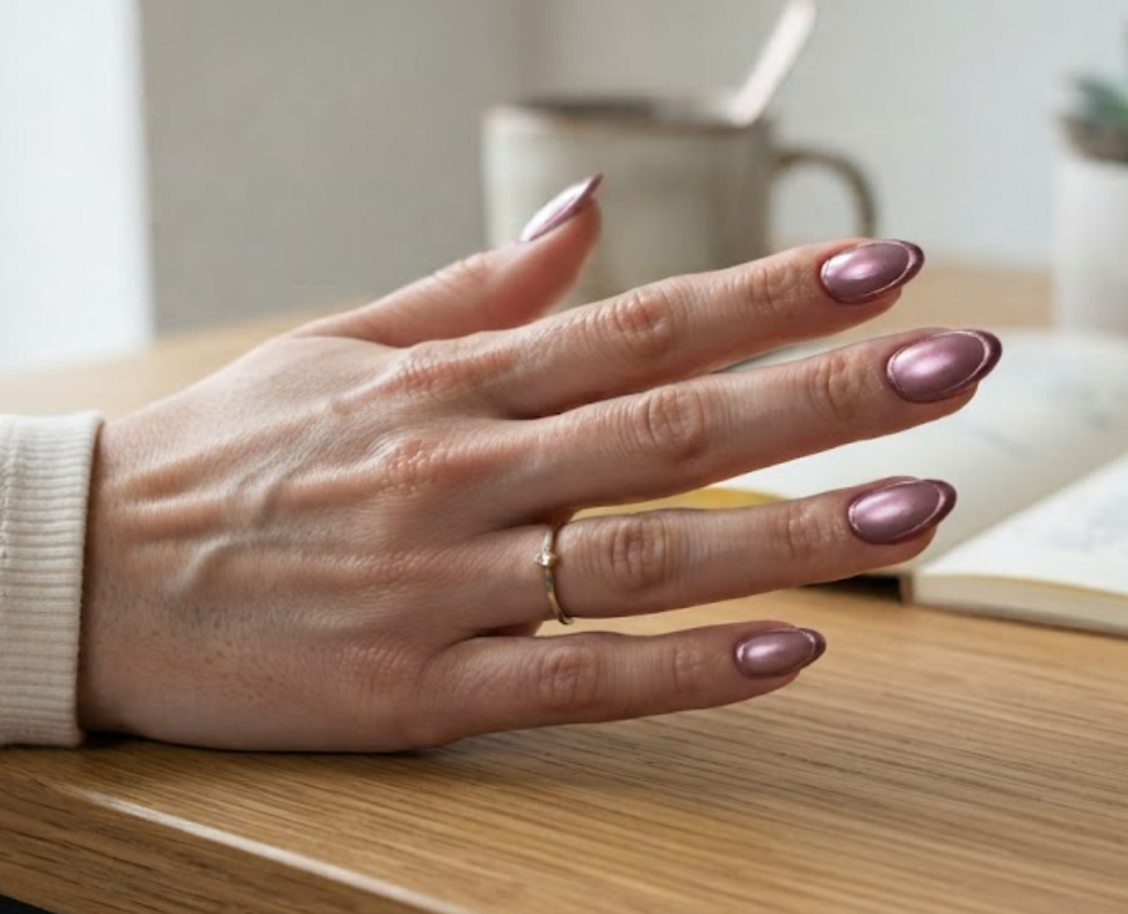 In this image, a full hand with extremely short coffin nails shows business nails with a mauve base and a metallic rim, wearing a cream shirt.