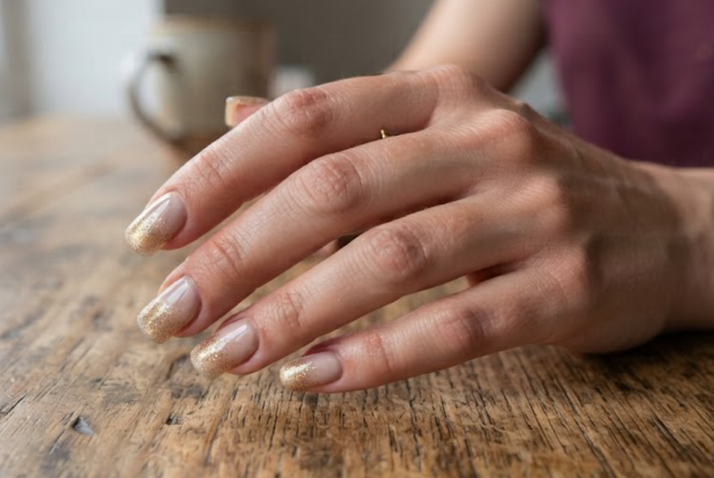In this image, a full hand with extremely short squoval nails features business nails with a rose-beige base and gold dust tips, wearing a burgundy shirt.