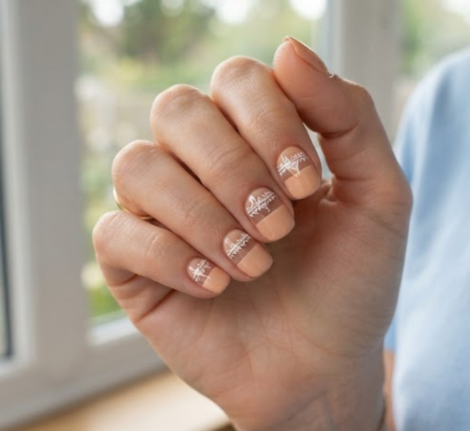 In this image, a full hand with extremely short almond nails showcases business nails with a peach nude base and a horizontal strip, wearing a light blue shirt.