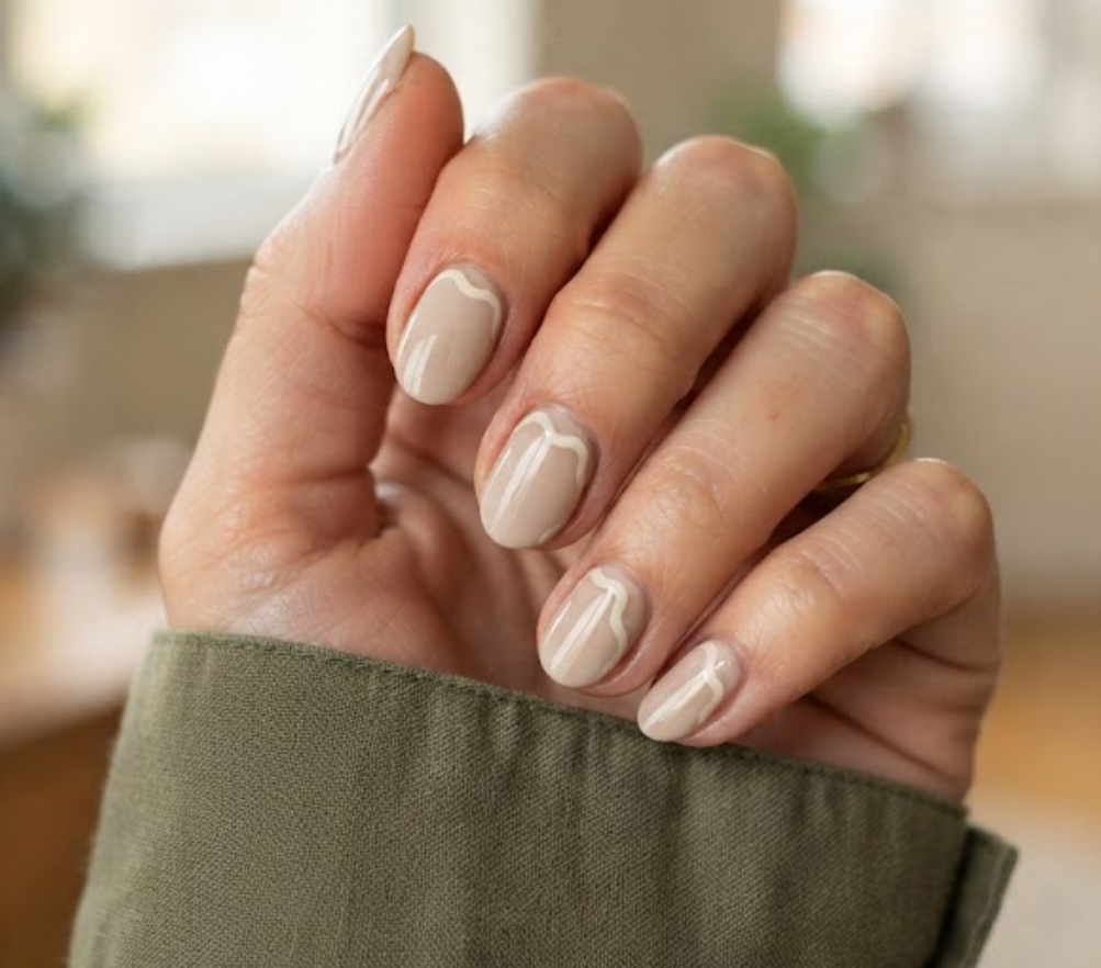 In this image, a full hand with extremely short oval nails highlights business nails with an oatmeal base and a wave outline, wearing an olive green shirt.
