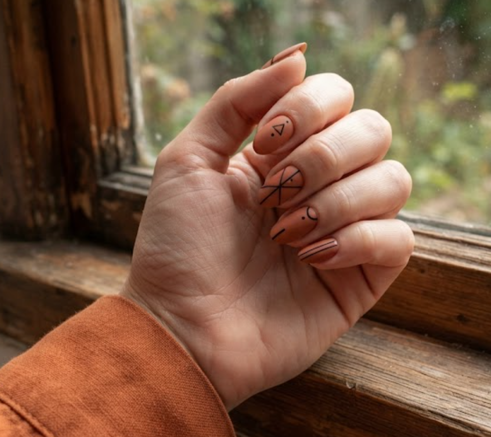 imaIn this image, a full hand with extremely short round nails reveals business nails with a terracotta base and fine geometric outlines, wearing a rust shirt.ge