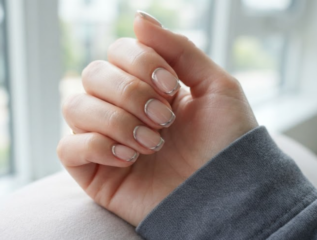 In this image, a full hand with extremely short coffin nails shows business nails with a neutral gloss base and metallic arcs, wearing a slate grey shirt.