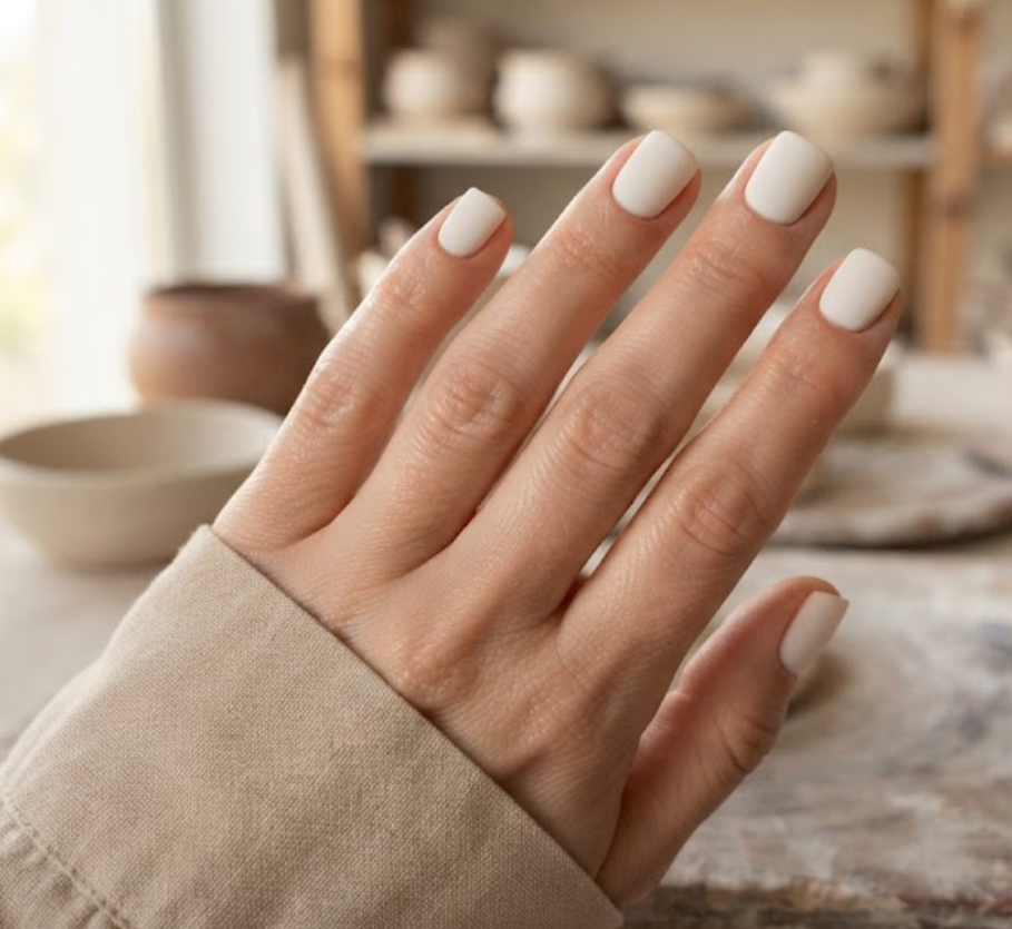 In this image, a full hand with extremely short square nails presents business nails with a matte off-white shade and clean framing, wearing a beige shirt.