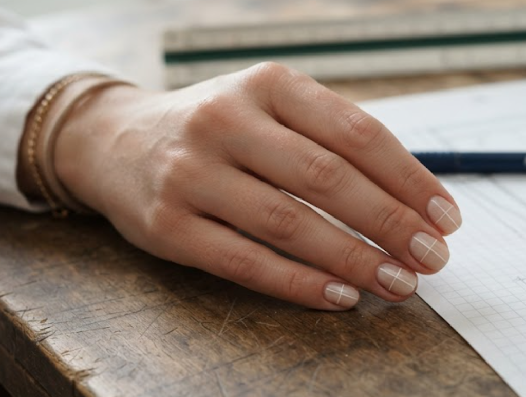 In this image, a full hand with extremely short oval nails highlights business nails with a sheer beige base and intersecting grid lines, wearing a white shirt.