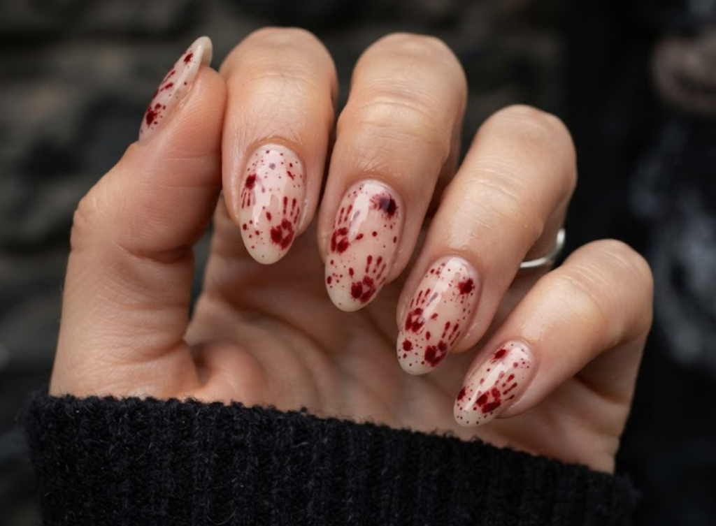 In this photo, realistic bloody handprints add a creepy yet minimalist touch to the nail design.