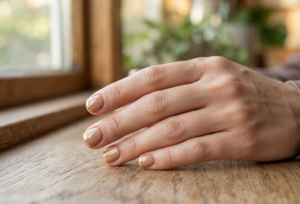 In this image, a full hand with extremely short round nails features business nails with a biscuit nude base and a gold foil edge, wearing a mocha shirt.