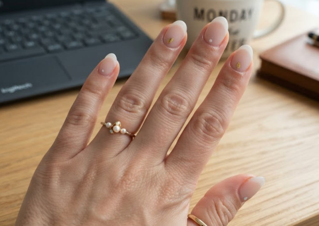 In this image, a full hand with extremely short almond nails showcases business nails with a milky frosted matte base, wearing a pale yellow shirt.