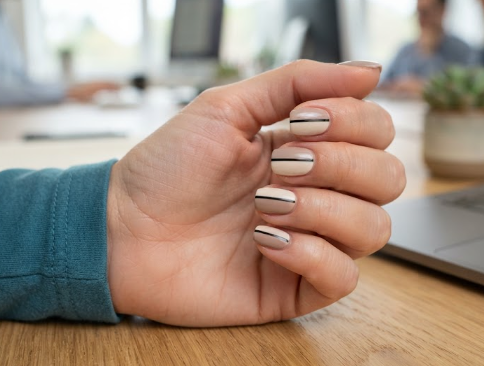 In this image, a full hand with extremely short coffin nails displays business nails with a split taupe and cream base, wearing a teal shirt.