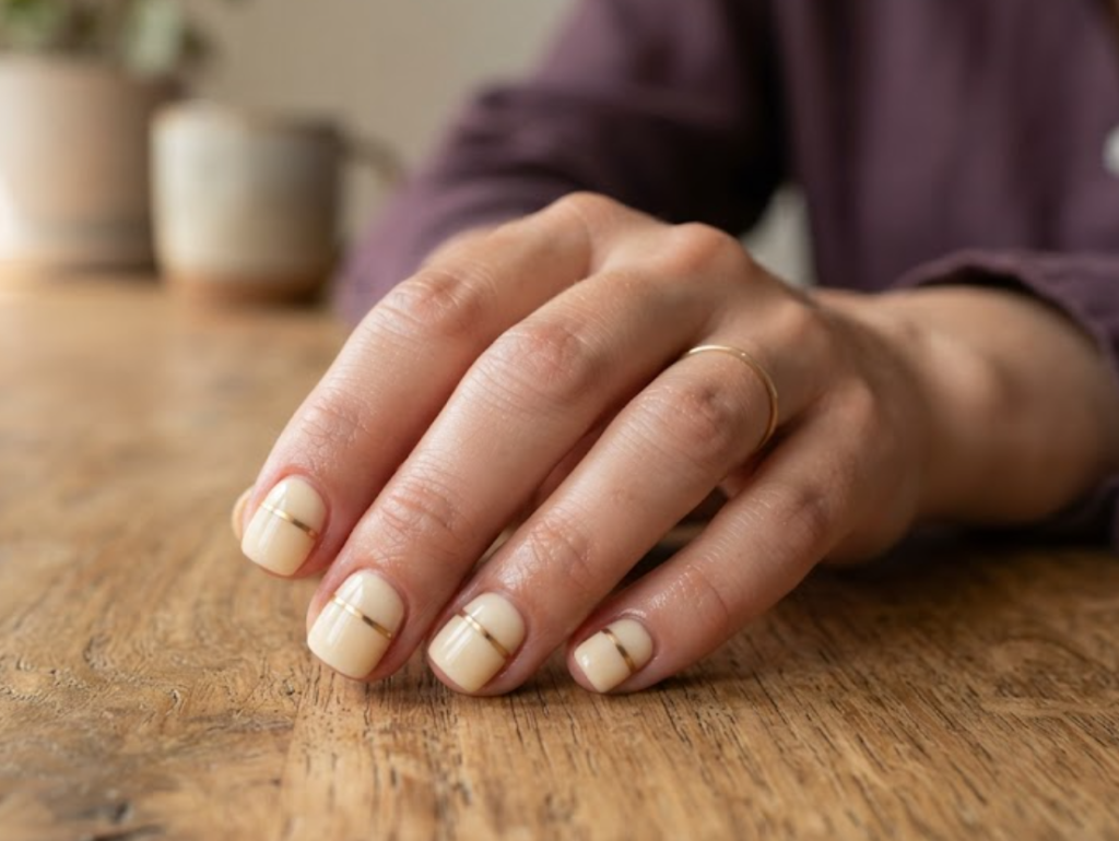In this image, a full hand with extremely short square nails reveals business nails with a butter-cream base and a horizontal ring outline, wearing a plum shirt.