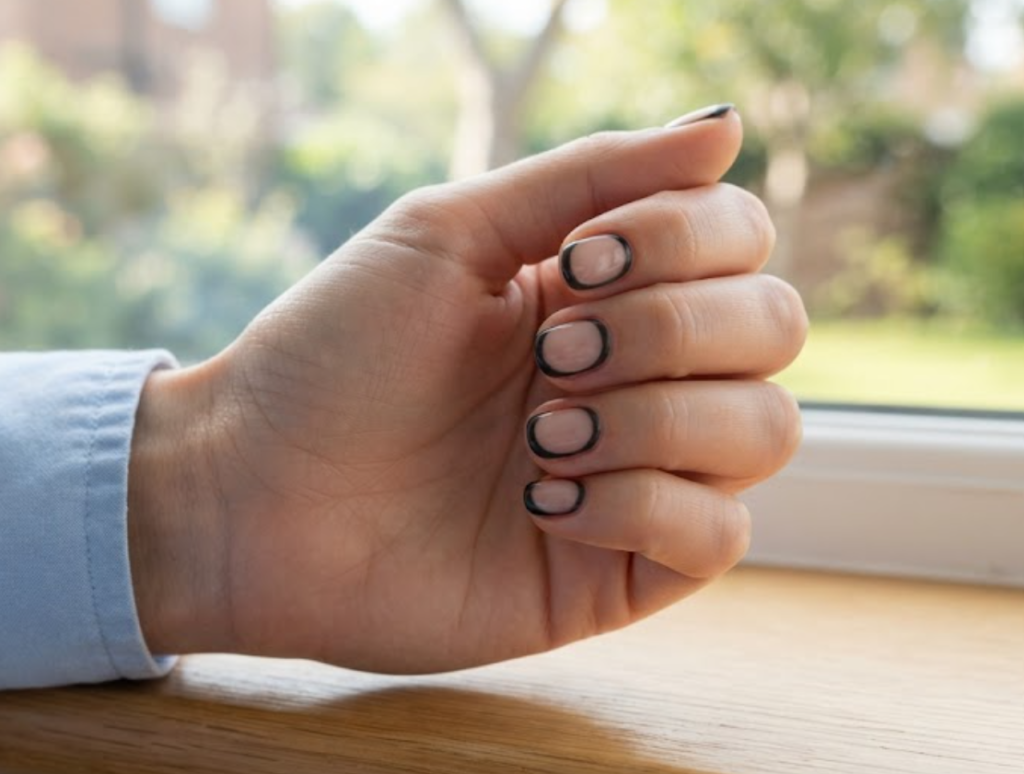 In this image, a full hand with extremely short oval nails presents business nails with a clear negative space center and dark edges, wearing a pale blue shirt.