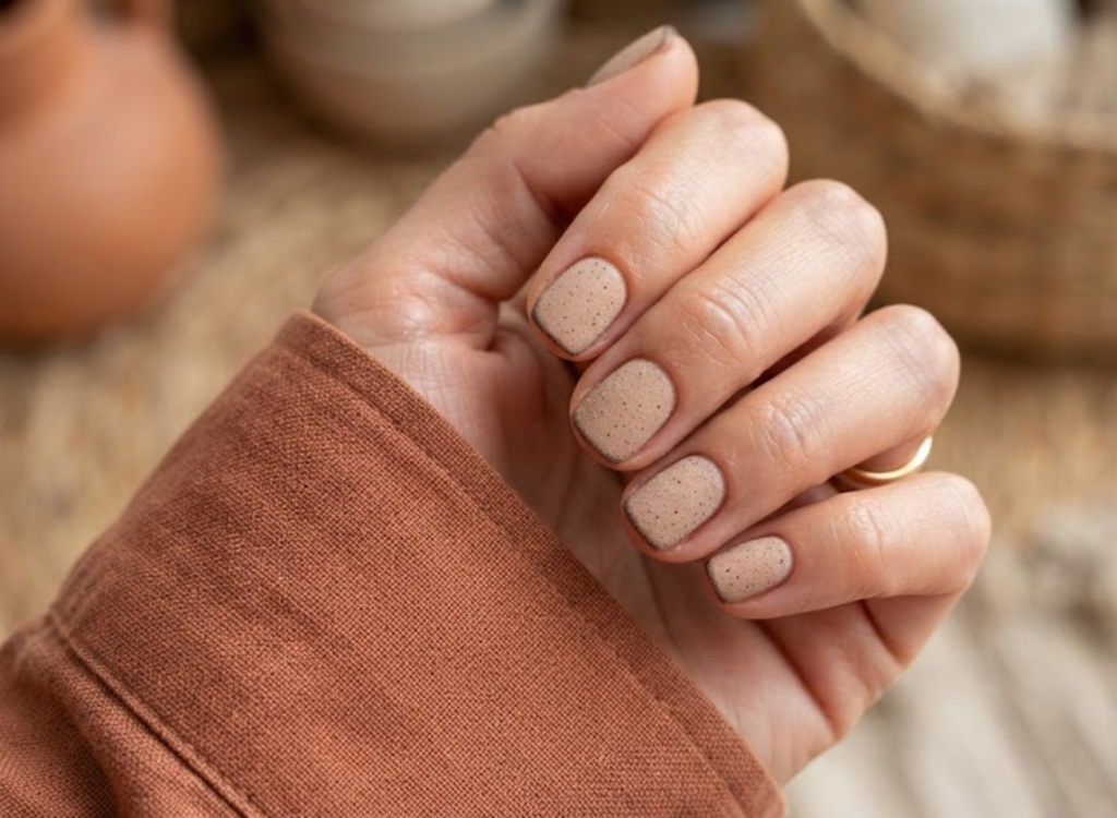In this image, a full hand with extremely short squoval nails highlights business nails with a sand texture base and brown specks, wearing a terracotta shirt.