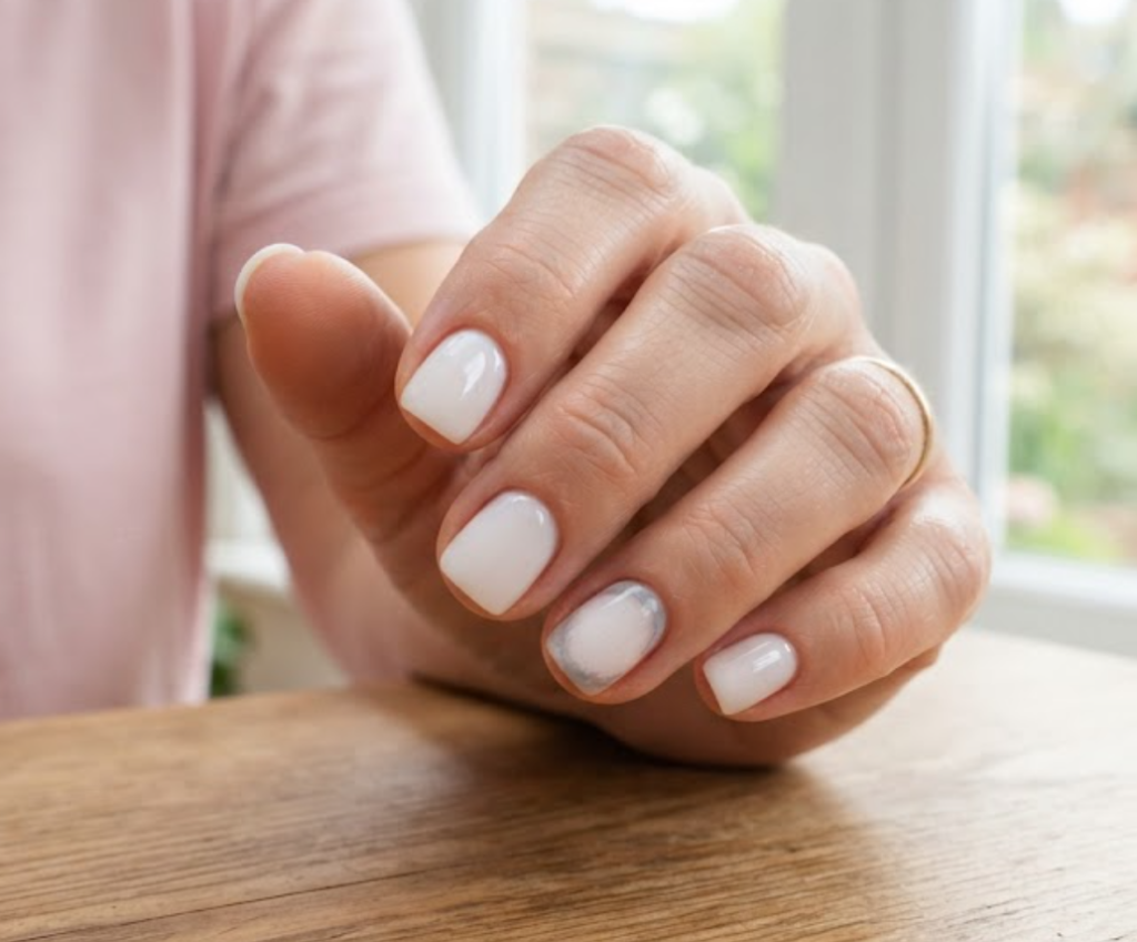 In this image, a full hand with extremely short square nails features business nails with a sheer white base and a grey smudge, wearing a soft pink shirt.
