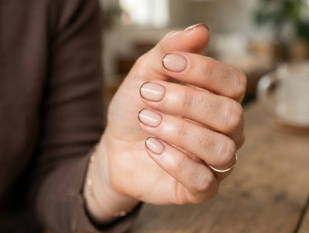 In this image, a full hand with extremely short oval nails showcases business nails with a pale nude base and a fine brown outline, wearing a dark brown shirt.