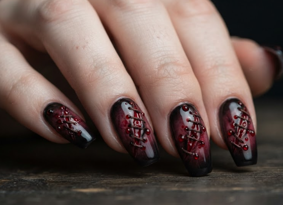 In this photo, stitched wound nail art with blood details creates a realistic horror movie-inspired manicure.