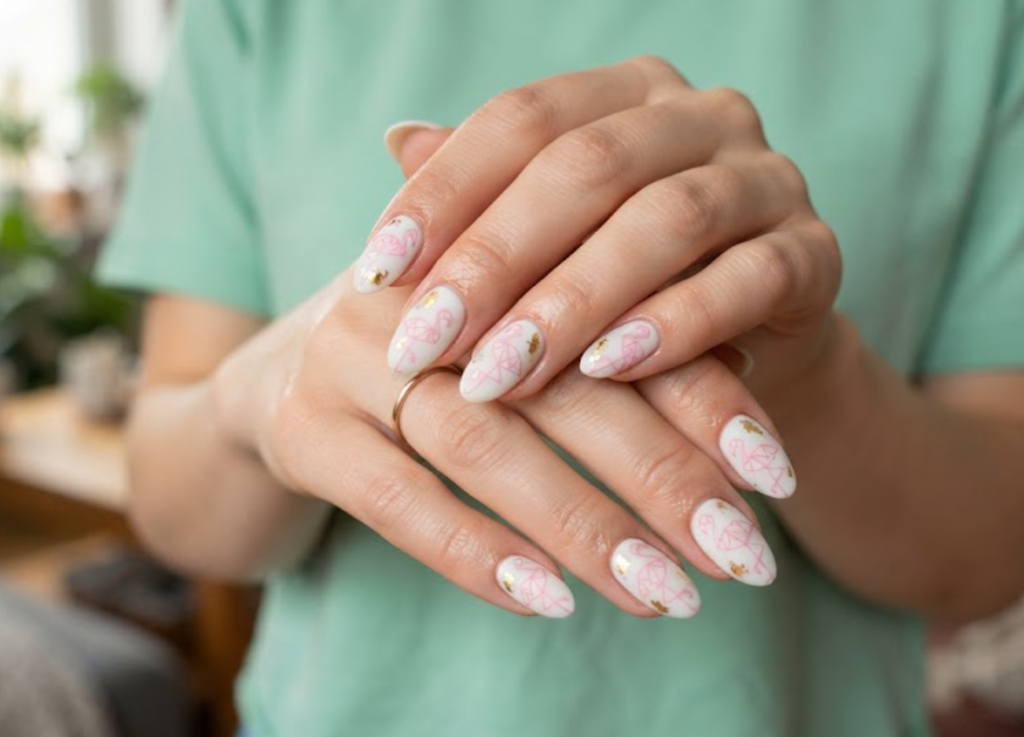 In this image, a woman in a mint green top showcases medium almond nails with a matte white base, geometric flamingo, and gold foil.