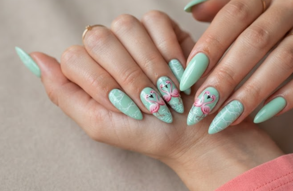 In this image, a woman in a coral pink shirt presents long stiletto nails featuring a mint green base, dual flamingos, and water ripples.